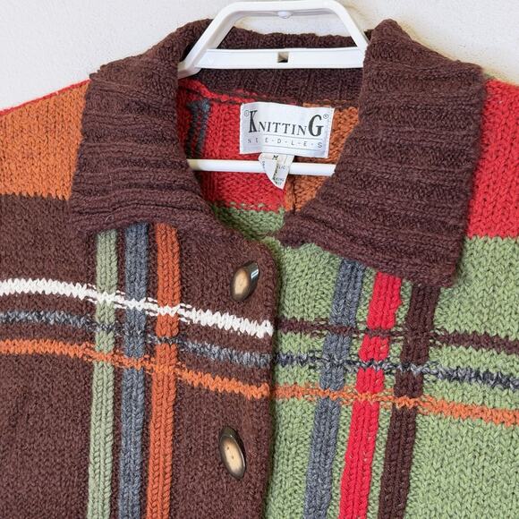 Vintage Knitting Needles Sweater Cardigan Womens Size Medium Plaid Button Front - Picture 2 of 6
